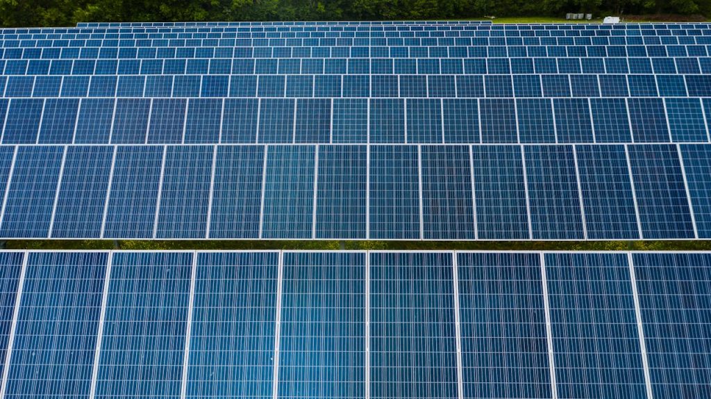 Contemporary installation of solar panels mounted on field in environmental friendly solar power station